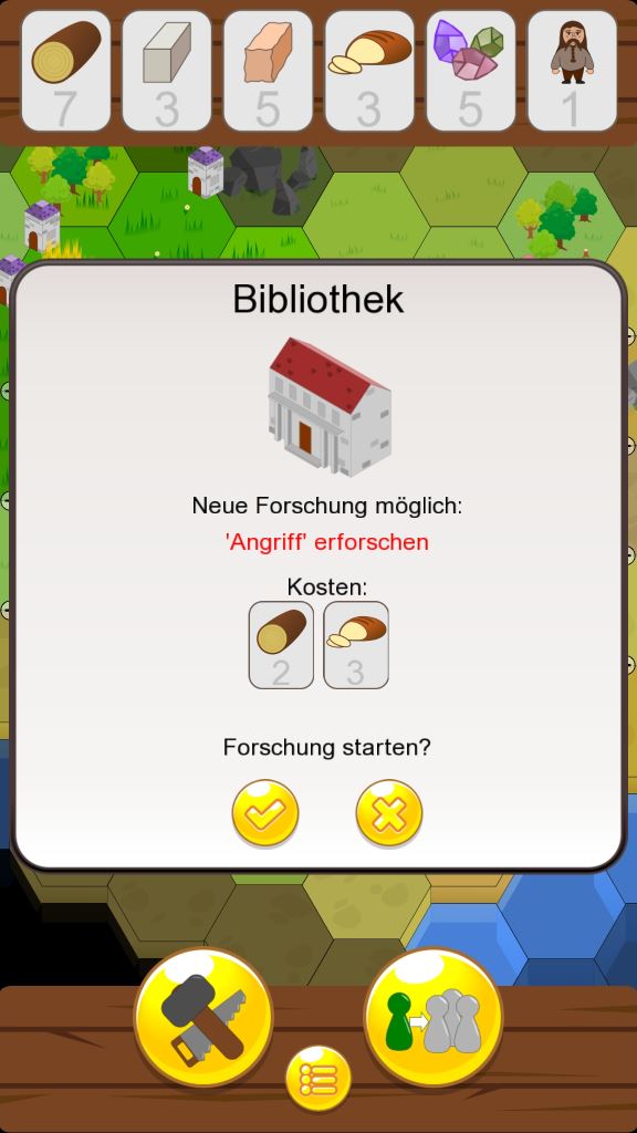 Lehnsherr Screenshot: Erforsche neue Gebäude und militärische Fähigkeiten.